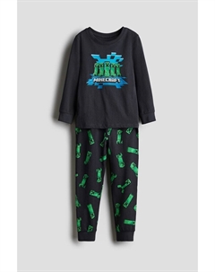 Пижама из хлопкового джерси с принтом, черный H&m