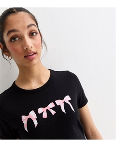 Черный укороченный топ с короткими рукавами и принтом с бантом для девочек, черный New look