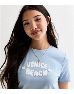 Синяя хлопковая футболка с надписью Venice Beach Bubble для девочек, бледно-голубой New look