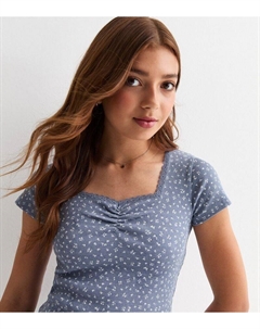 Синяя футболка с квадратным вырезом для девочек с цветочным принтом, синий New look