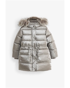 Короткое стеганое пальто металлик с отделкой из искусственного меха, серебряный Next