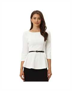 Топ с баской для женщин, элегантная деловая рабочая блузка с рукавом 3/4 и поясом, белый Allegra k