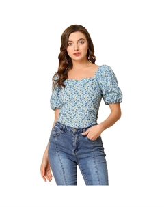 Женская крестьянская блузка с квадратным вырезом и цветочным принтом, топ, синий Allegra k