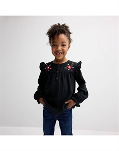 Тканый топ с рюшами и плечами для девочек 4–12 лет, цвет Folk Floral Black Jumping beans