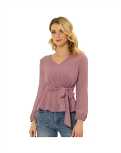 Женская блузка в швейцарский горошек, топ с баской и V-образным вырезом, длинными рукавами и завязкой на талии, цвет Dark Purple Allegra k