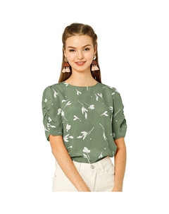 Женская блузка с цветочным принтом, повседневный топ с круглым вырезом и короткими рукавами, зеленый Allegra k