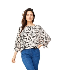 Женская блузка размера 3/4 с завязками на рукавах больших размеров, цвет Soft Beige Black Dot Ellos