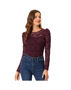 Женская винтажная полупрозрачная блузка с длинными рукавами и вышивкой, кружевной топ, цвет Burgundy Allegra k