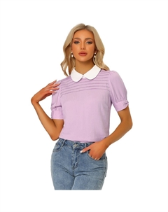 Женская винтажная блузка с контрастным воротником и короткими рукавами в стиле Питера Пэна, топ, цвет Light Purple Allegra k