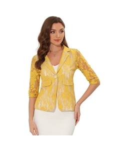 Женские деловые повседневные блейзеры с цветочным кружевом и рукавами 3/4 на одной пуговице Элегантные костюмы-блейзеры, желтый Allegra k
