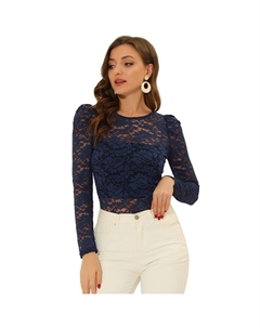 Женская винтажная полупрозрачная блузка с длинными рукавами и вышивкой, кружевной топ, цвет Dark Blue Allegra k