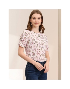 Женская блузка с цветочным принтом, повседневный топ с круглым вырезом и короткими рукавами, цвет Black Red Allegra k