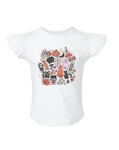 Футболка с рисунком и коллажем на Хэллоуин для малышей с развевающимися рукавами, белый The juniper shop