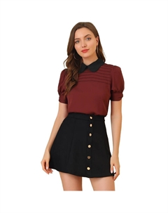 Женская винтажная блузка с контрастным воротником и короткими рукавами в стиле Питера Пэна, топ, цвет Burgundy Allegra k