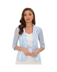 Женские деловые повседневные блейзеры с цветочным кружевом и рукавами 3/4 на одной пуговице Элегантные костюмы-блейзеры, синий Allegra k