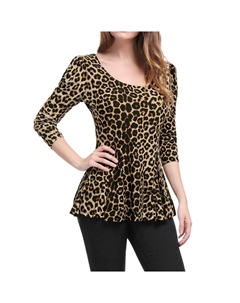 Женская блузка с баской и круглым вырезом с принтом и длинными рукавами, коричневый Allegra k