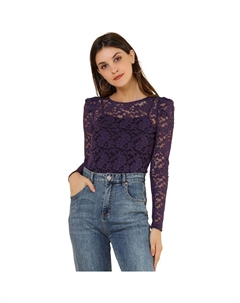 Женская винтажная полупрозрачная блузка с длинными рукавами и вышивкой, кружевной топ, фиолетовый Allegra k