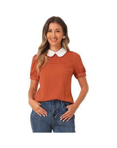 Женская винтажная блузка с контрастным воротником и короткими рукавами в стиле Питера Пэна, топ, цвет Caramel Allegra k