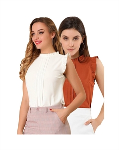 Женские комплекты из 2 комплектов офисных винтажных рабочих блузок без рукавов с круглым вырезом и рюшами, топ, цвет White Or Dark Orange Allegra k