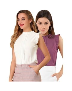 Женские комплекты из 2 комплектов офисных винтажных рабочих блузок без рукавов с круглым вырезом и рюшами, топ, цвет White Or Dark Purple Allegra k