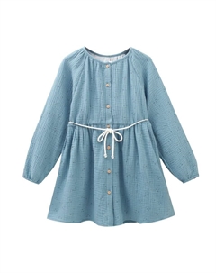 Голубое платье для девочки с пуговицами и контрастным веревочным поясом, синий Dadati