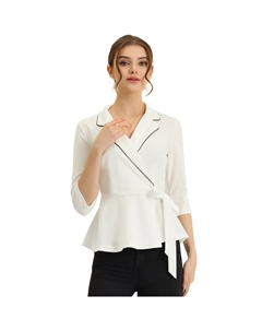 Топы с баской для женской блузки с воротником с лацканами и завязкой на талии, белый Allegra k
