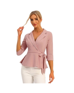 Топы с баской для женской блузки с воротником с лацканами и завязкой на талии, розовый Allegra k