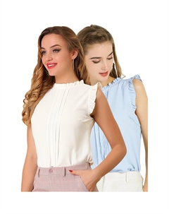 Женские комплекты из 2 комплектов офисных винтажных рабочих блузок без рукавов с круглым вырезом и рюшами, топ, цвет White Or Blue Allegra k
