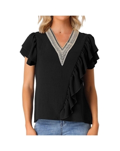 Топы с короткими рукавами и рюшами для женщин, повседневная блузка с V-образным вырезом, черный Allegra k