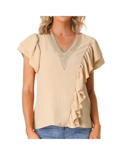 Топы с короткими рукавами и рюшами для женщин, повседневная блузка с V-образным вырезом, цвет Khaki Allegra k