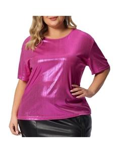 Топ больших размеров для женщин, футболка с металлическим круглым вырезом и коротким рукавом, вечерние блузки, футболки, цвет Hot Pink Agnes orinda