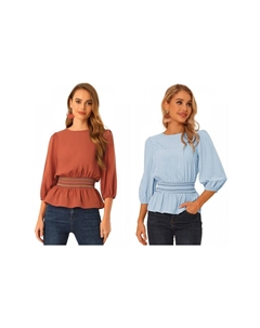 Набор из 2 комплектов топов с баской для женских блузок с короткими рукавами и присборенной талией, цвет Orange Blue Allegra k