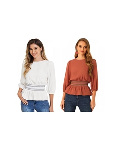 Набор из 2 комплектов топов с баской для женских блузок с короткими рукавами и присборенной талией, цвет Orange Beige Allegra k