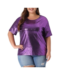 Топ больших размеров для женщин, футболка с металлическим круглым вырезом и коротким рукавом, вечерние блузки, футболки, фиолетовый Agnes orinda