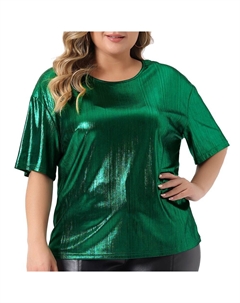 Топ больших размеров для женщин, футболка с металлическим круглым вырезом и коротким рукавом, вечерние блузки, футболки, зеленый Agnes orinda