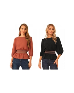 Набор из 2 комплектов топов с баской для женских блузок с короткими рукавами и присборенной талией, цвет Orange Black Allegra k