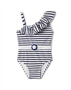 Купальник из переработанного материала в полоску с оборками на плечах, синий Janie and jack