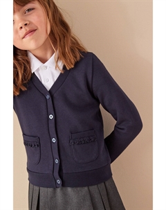 Школьный кардиган из трикотажа с высоким содержанием хлопка и рюшей на кармане, синий Next