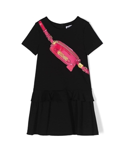 Черное платье с принтом поясной сумки и рюшами, черный Moschino