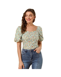 Женская крестьянская блузка с квадратным вырезом и цветочным принтом, топ, зеленый Allegra k