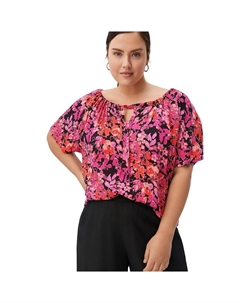 Женская крестьянская блузка больших размеров с вырезом в виде каплевидной вырезки, цвет Black Pink Print Ellos