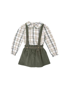 Комплект для девочки из блузки и юбки в клетку на подтяжках, зеленый Babidu