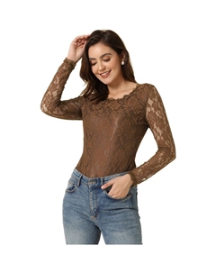 Женская кружевная блузка с круглым вырезом и длинными рукавами, прозрачная цветочная вышивка, коричневый Allegra k