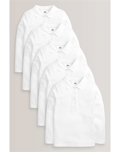 Комплект из 5 пар школьных рубашек-поло с длинными рукавами из натурального хлопка, белый Next