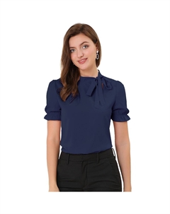 Женские топы с галстуком-бабочкой, элегантная офисная блузка с короткими рукавами, цвет Dark Blue Allegra k