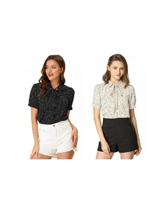 Набор из 2 женских блузок в горошек в стиле ретро, ​​шифоновые блузки с воротником Питера Пэна и галстуком-бабочкой, цвет Cream White Black Allegra k