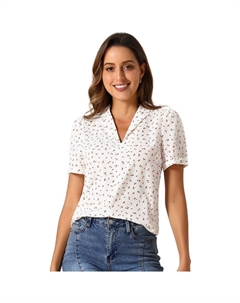 Женские топы с V-образным вырезом, элегантная повседневная блузка с короткими рукавами и лацканами с вишневым принтом, белый Allegra k