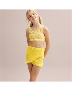 Комплект для плавания для девочек 4–16 лет, комплект из 3 предметов: верх, низ и сетчатая юбка с рюшами и прикрытой юбкой, цвет Petite Marigold Breaking waves