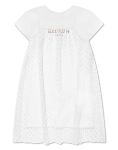 Платье-футболка с тюлем пуэн-деспри Kids, белый Balmain