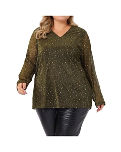 Топы больших размеров для женщин, голографическая блузка с длинными рукавами и пайетками, блестящая голографическая блузка с v-образным вырезом, золотой Agnes orinda